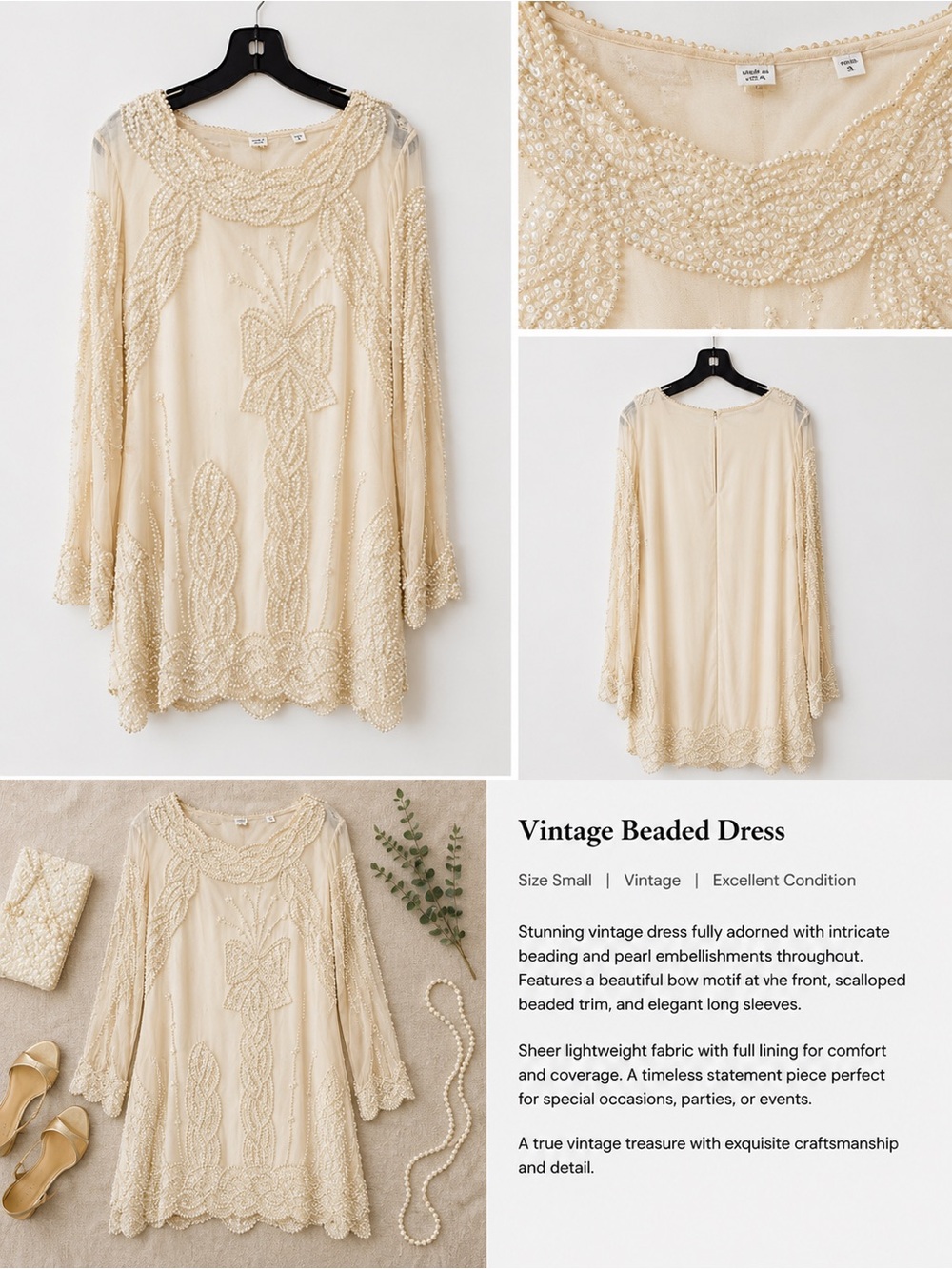 Vintage Ivory Beaded Mini Dress with Pearl Embellishment